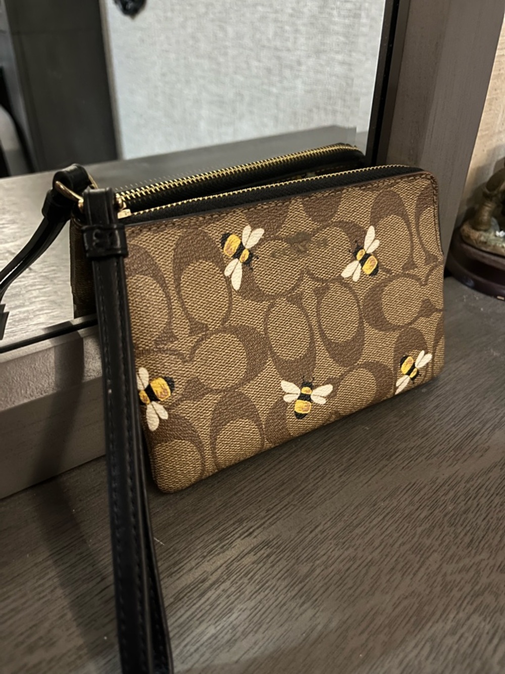 Coach Brown Signature Canvas Bee Print Wristlet